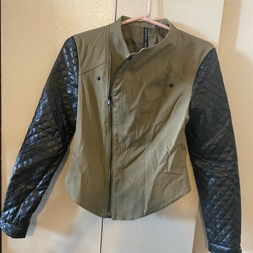 Faux Leather sleeve army green jacket